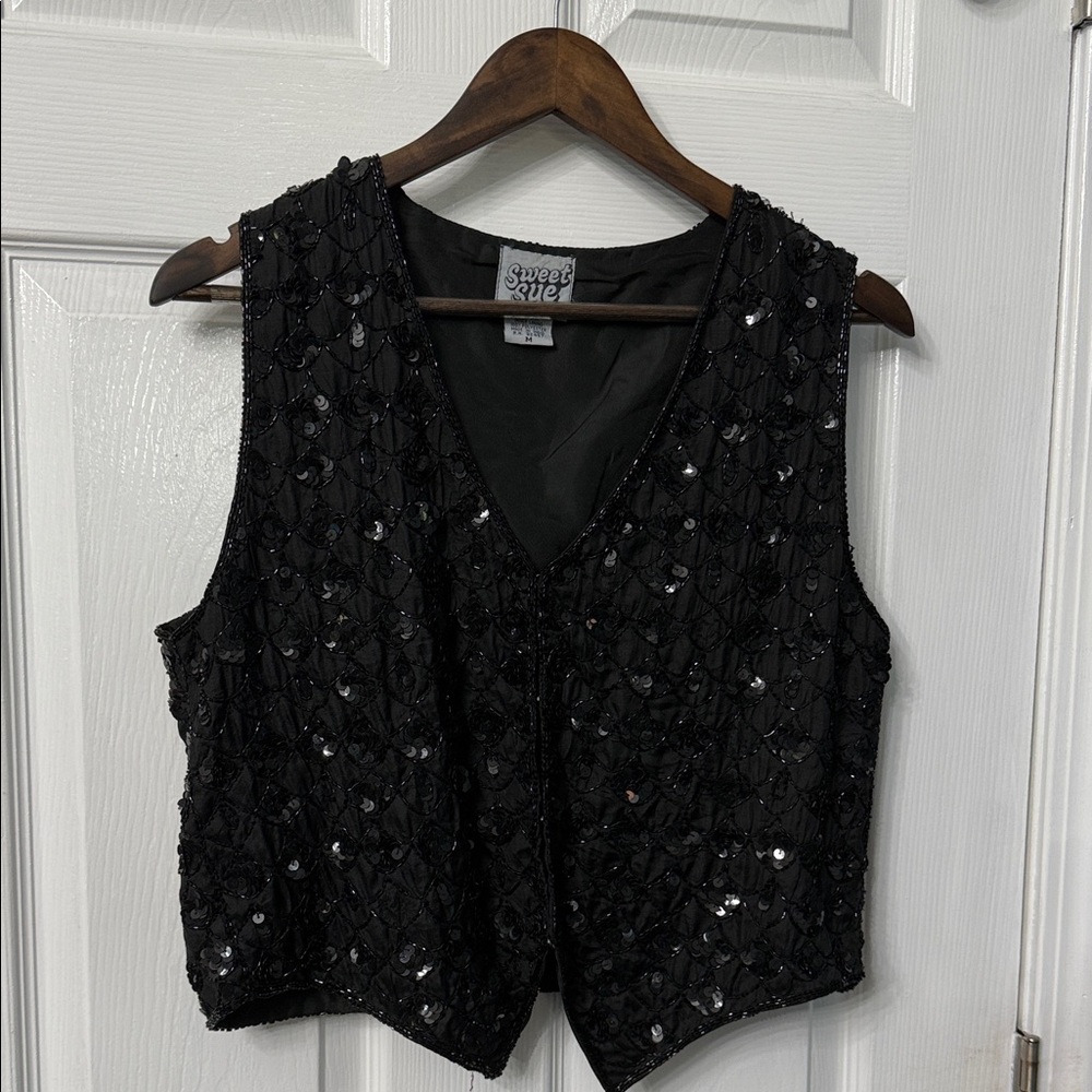 Black Sequin Women's Vintage Vest